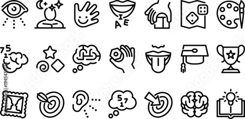 Diverse collection of icons representing senses, thoughts, and cognitive abilities, a comprehensive set of vectors