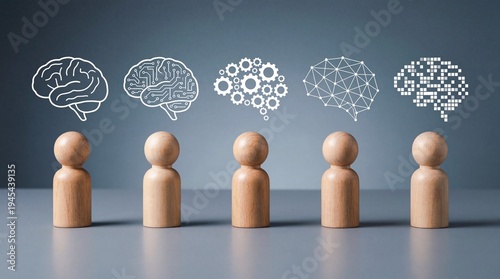 Brainstorming and different thinking styles represented by human figures and brain graphic designs creative idea process