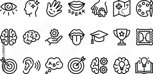 Set of education and learning icons with school symbols and knowledge elements representing research and creativity