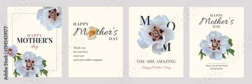 Mother's Day posters with peony flowers in collage technique. Elegant minimal greeting card templates with botanical elements and typography for holiday greetings, prints, invitations and social media