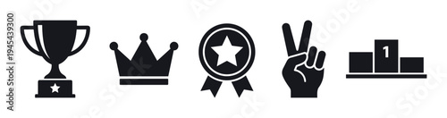 Set of black victory icons including a trophy, crown, medal, hand gesture, and podium, representing success, achievement, and winning in a simple minimalist graphic style