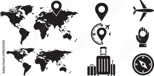 Travel and Navigation Icons on World Map Background Illustration