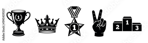 Set of black victory icons featuring a trophy cup, crown, medal, hand gesture, and podium representing success, achievement, and first place in a competition or championship