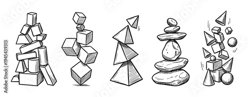 Five hand-drawn sketches of stacked objects showing concepts of balance, instability, risk, and harmony with geometric shapes, pyramids, cubes, and stones in a black and white doodle style