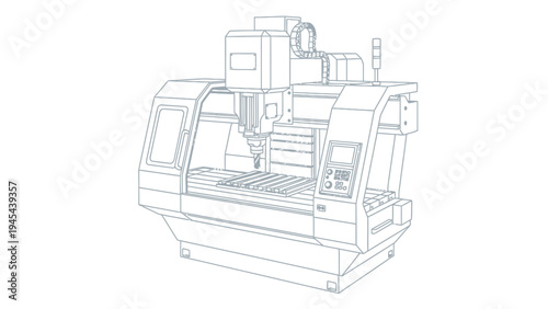 CNC Milling Machine Technical Line Drawing.