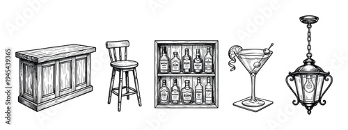 Hand-drawn bar furniture and drinks collection with a wooden counter, stool, alcohol bottles, martini cocktail, and vintage lamp in a retro engraving style