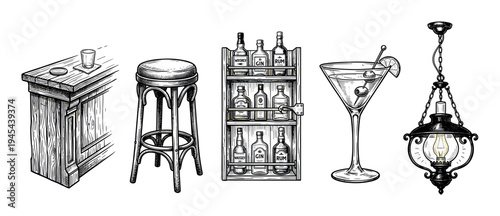 Set of vintage bar illustrations featuring a wooden counter, stool, liquor shelf, martini cocktail, and hanging lamp in a detailed black and white hand-drawn sketch style