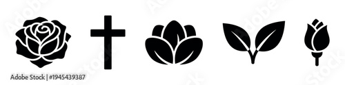 Collection of black funeral and memorial symbols including a rose, a religious cross, a tulip, plant leaves, and a rosebud in a simple graphic style