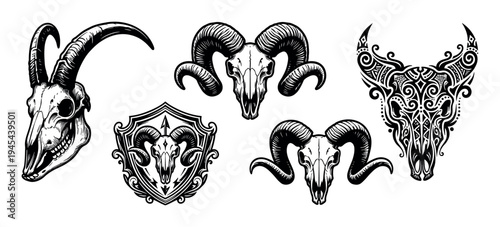 Collection of five goat and ram skulls with large curved horns, depicted in a detailed black and white graphic style including a tribal ornamental design and a heraldic shield
