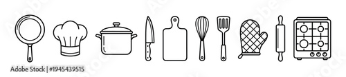 Various kitchen cooking utensils and appliances are neatly arranged in a horizontal row, depicted as clean, simple black outline icons with a modern, illustrative style