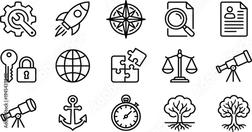 Set of minimalist linear business development icons featuring tools strategy navigation search and profile documents