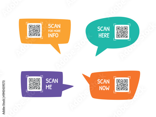 QR scan frame speech bubble set. Modern scan me, scan here and scan now labels with QR placeholder. Minimal UI vector templates for mobile apps, websites and digital banners