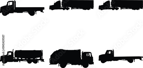 Set of diverse black silhouette vector graphics featuring different truck types such as flatbeds, semi-trailers, and tanker trucks against a white backdrop.