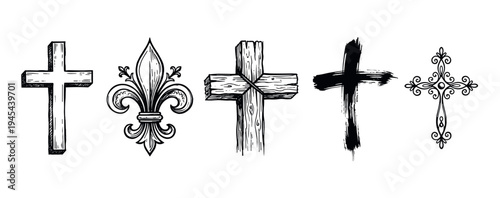 Collection of hand-drawn Christian crosses and a fleur-de-lis symbol in various artistic styles, including wooden, brushstroke, ornate, and simple sketch illustrations