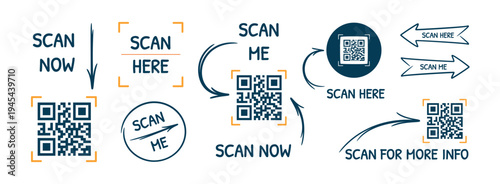 QR scan call-to-action elements set. Scan now, scan here and scan me labels with arrows and QR code frames. Modern minimal vector templates for mobile apps and websites