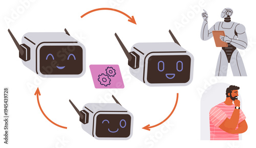 Artificial intelligence, teamwork, robotics, communication, future technology, workflow optimization. Robots communicating cyclically, human observing and analyzing. Artificial intelligence