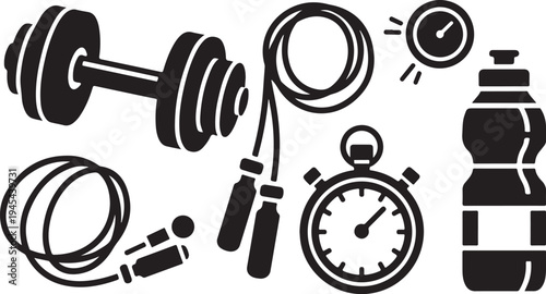 Fitness icons and equipment for healthy lifestyle and exercise