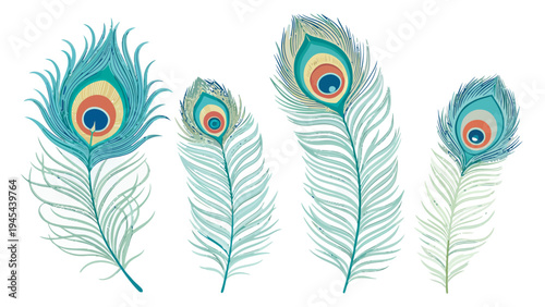 Vibrant peacock feathers bundle colorful decorative elements vector set for design and craft projects isolated on white background