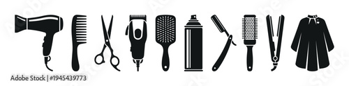 Set of black barber and hairdresser tools including a hairdryer, comb, scissors, clipper, brush, spray, razor, straightener, and cape in a minimalist graphic icon style