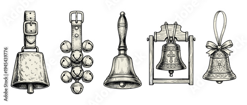 Vintage hand-drawn bells collection in an engraving style, including a cowbell, jingle bells, a handbell, a church bell, and a decorative holiday ornament