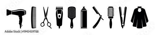 Set of black hairdresser barber tools including a hairdryer, comb, scissors, clipper, brush, spray, razor, straightener, and cape presented as a minimalist graphic icon collection