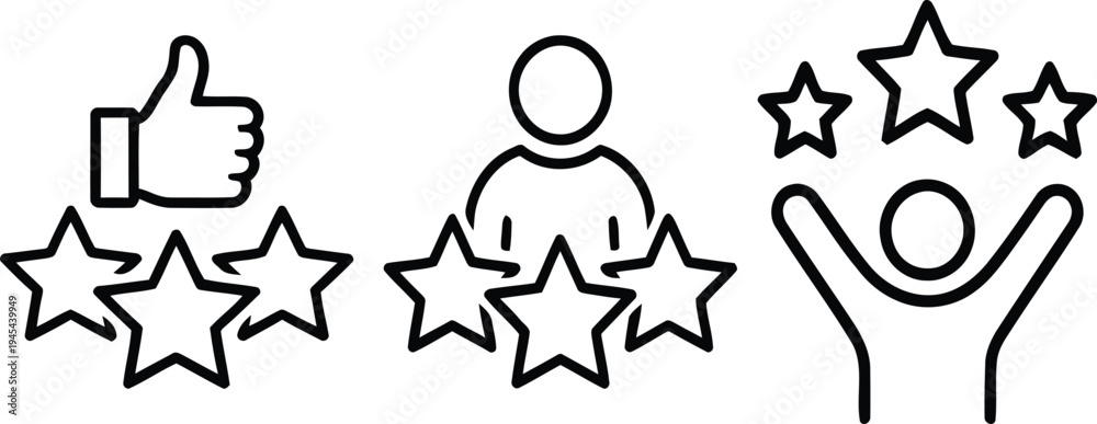 Fototapeta premium Set of customer rating and human success icons featuring thumbs up five stars profile and celebrating person figure
