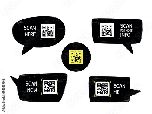 Grunge QR scan frame set with speech bubble labels. Scan here, scan now and scan me messages with QR code placeholder. Modern vector templates for website, menu and packaging