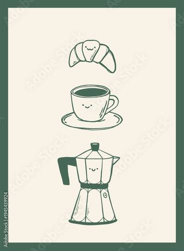 Retro coffee poster with cute croissant, moka pot and espresso cup. Good for banners, prints, cards, signs, interior wall art