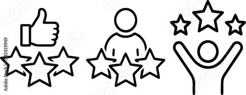 Set of customer rating and human success icons featuring thumbs up five stars profile and celebrating person figure