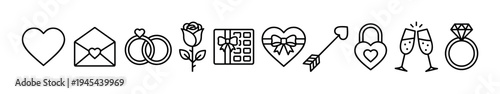 Set of black line art icons for love and romance includes a heart, wedding rings, rose, gift box, arrow, lock, champagne, and a diamond ring for Valentine's Day