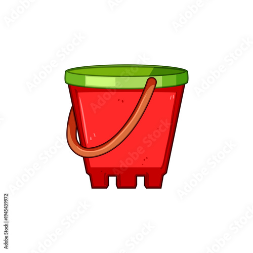 Red and green plastic sand bucket with handle on white background, playful summer beach toy for children, evoking vacation, sandbox fun and bright childhood memories