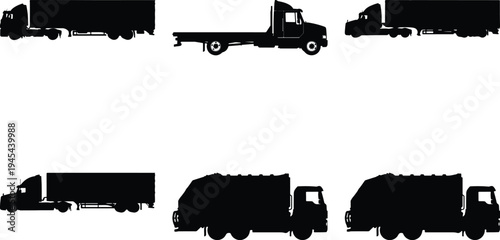 Variety of six black silhouette trucks, showcasing semi-trailers and garbage trucks, isolated on a white background for transport and service concepts.