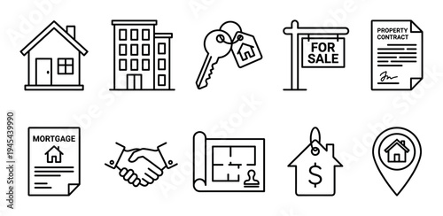 Real estate and property thin line icon set featuring a house, apartment, key, sale sign, contract, mortgage, handshake, blueprint, price tag, and location pin for business