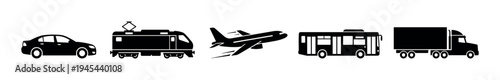 Set of black transportation vehicle icons featuring a car, train, airplane, bus, and truck in a simple silhouette style representing public and private travel and logistics