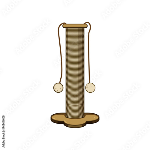 Cat scratching post standing on a white background, featuring a tall sisal wrapped pole with two hanging play balls, offering an essential item for feline nail care and playtime