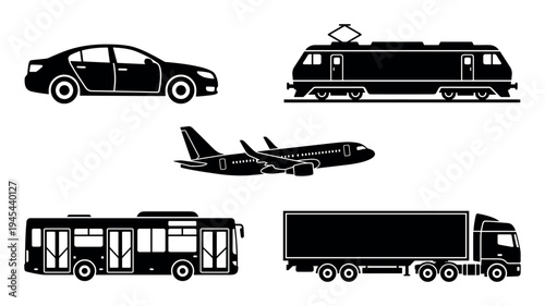 Set of five black transport vehicle icons showing a car, electric train, passenger airplane, city bus, and semi-truck in a clean, minimalist silhouette style