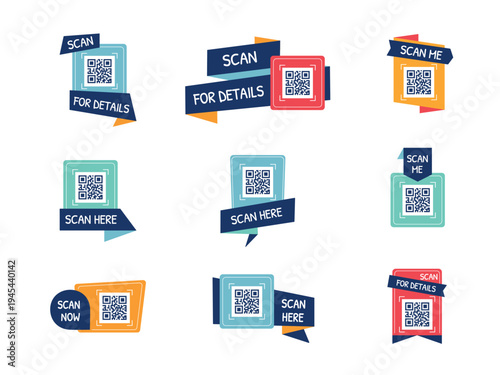 QR scan call-to-action labels collection with badges, tags and banners. Scan me, scan here and scan now QR frames. Modern minimal vector templates for mobile apps and websites
