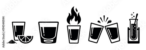 Collection of black shot glass icons showing different ways to drink spirits, including with salt and lime, a flaming shooter, a toast, and a test tube cocktail in a minimalist style