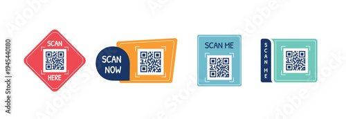 Minimal QR scan frames and labels with scan now and scan here text. Clean vector interface elements for apps, marketing banners and digital design