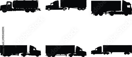 Assortment of black truck silhouettes: semi-trucks, a tanker truck, and box trucks, all isolated on a white background.