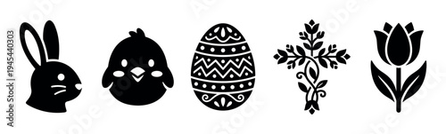 Set of five black Easter holiday icons including a bunny, chick, decorated egg, floral cross, and tulip flower in a simple graphic style for seasonal celebration