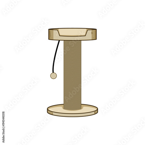 Cat tree column featuring a sisal rope scratching surface, a raised platform, and an attached hanging ball toy, providing an essential item for pet play and claw care