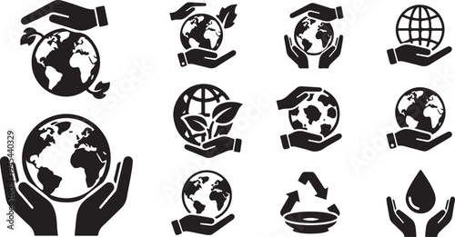 Earth protection and conservation icons in black and white