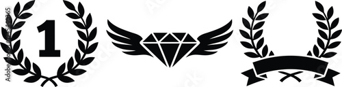 Set of number one laurel wreath, winged diamond, and ribbon banner icons on transparent background