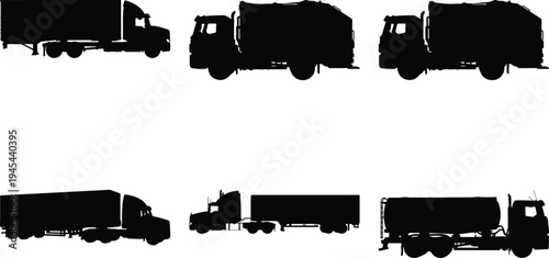 Group of black truck silhouettes showcasing semi-trucks, garbage trucks, and a tanker truck, isolated on white.