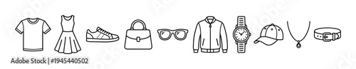 Set of fashion and clothing icons featuring a t-shirt, dress, sneaker, handbag, sunglasses, jacket, watch, cap, necklace, and belt in a minimalist line art style