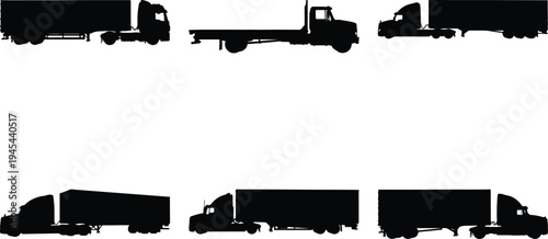 Set of black truck silhouettes including semi-trucks, a flatbed truck, and various trailers, isolated on white.