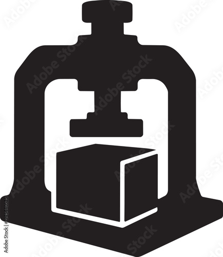 Industrial heavy press machine stamping a cube box package concept vector illustration for modern manufacturing