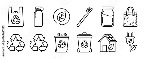 Set of black line art icons representing ecology, recycling, sustainability, and zero waste concepts like reusable bags, solar energy, and compost bins in a minimalist vector style