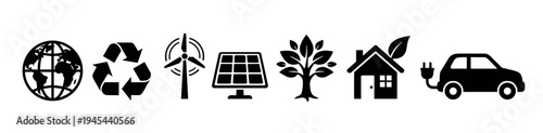 Collection of black environmental icons for sustainability concepts, showing a globe, recycling sign, wind turbine, solar panel, tree, eco-friendly house, and an electric vehicle